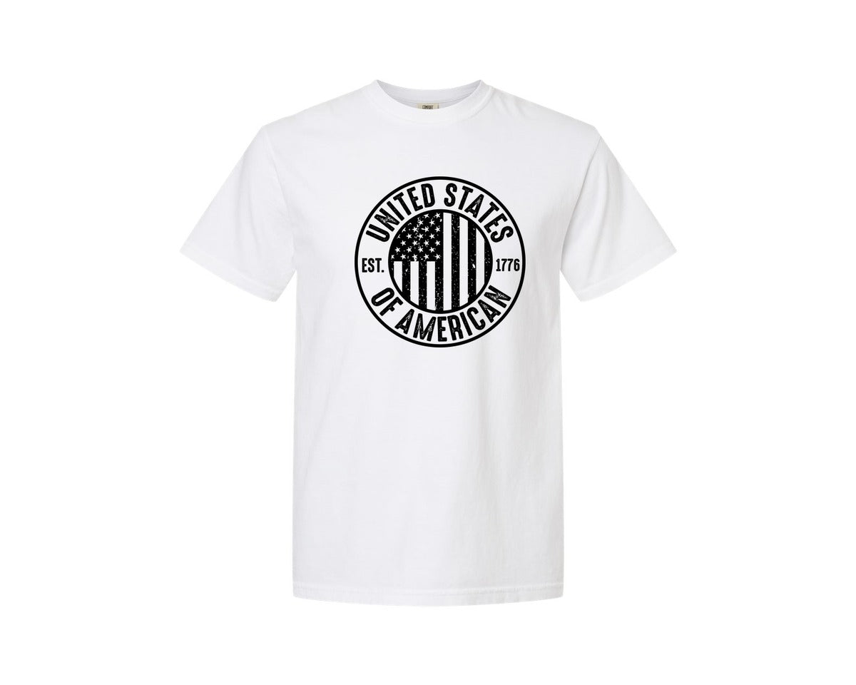brand:Comfort Colors|color:White|United States Of America Patriotic Graphic T-Shirt