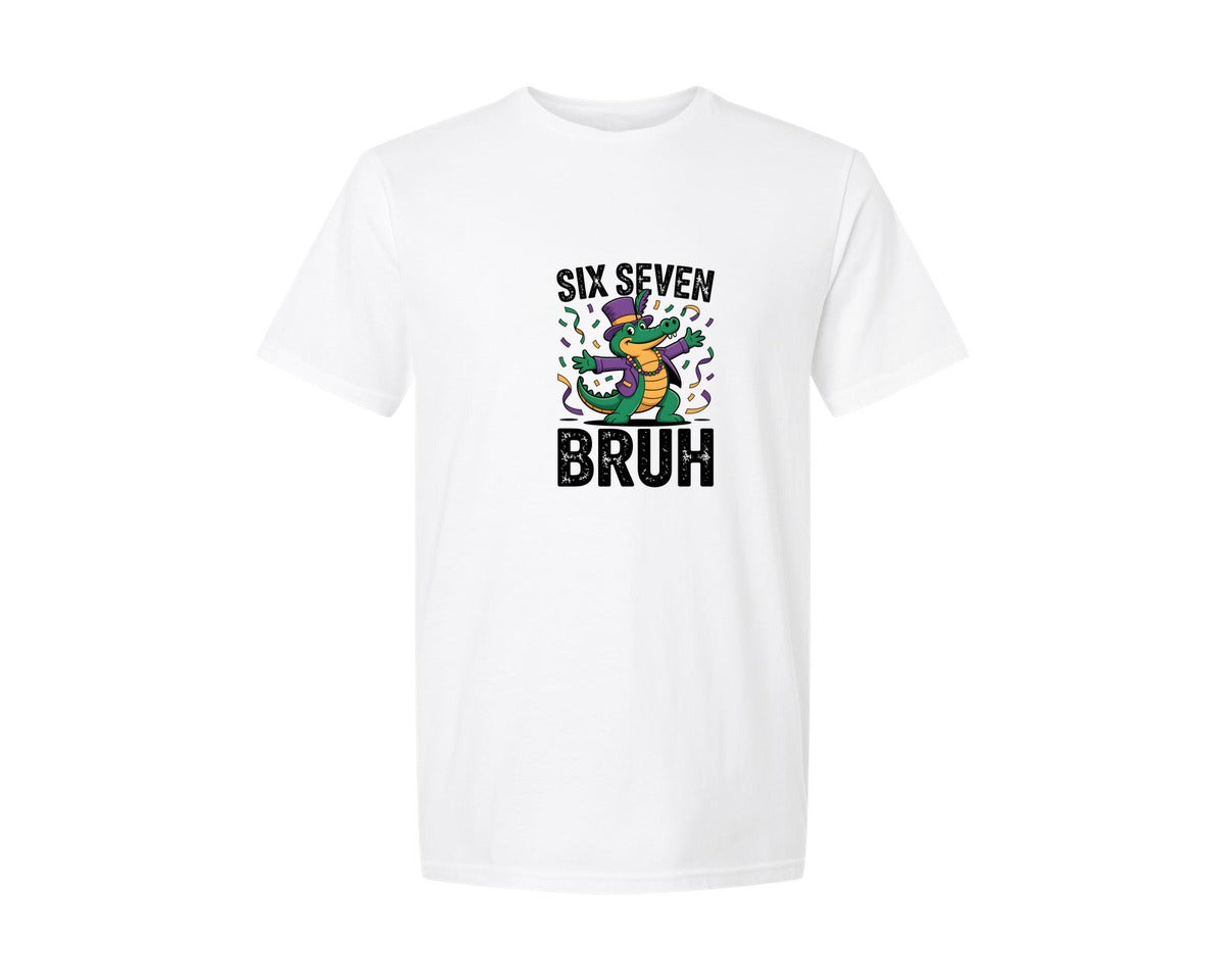 brand:Generic|color:White|Six Seven Bruh Mardi Gras Alligator Graphic T-Shirt
