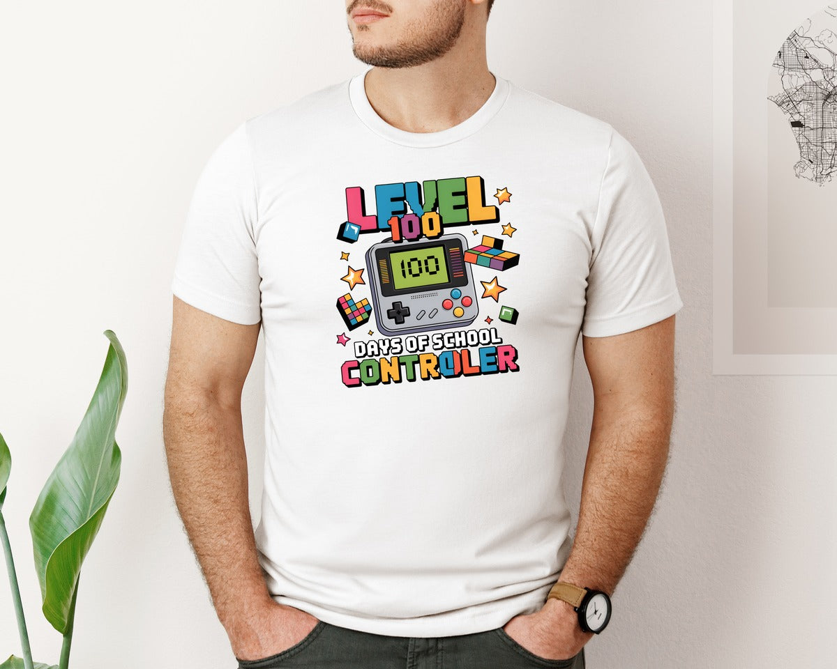 brand:Bella Canvas|color:White|Level 100 Days Of School Gamer Design Graphic T-Shirt