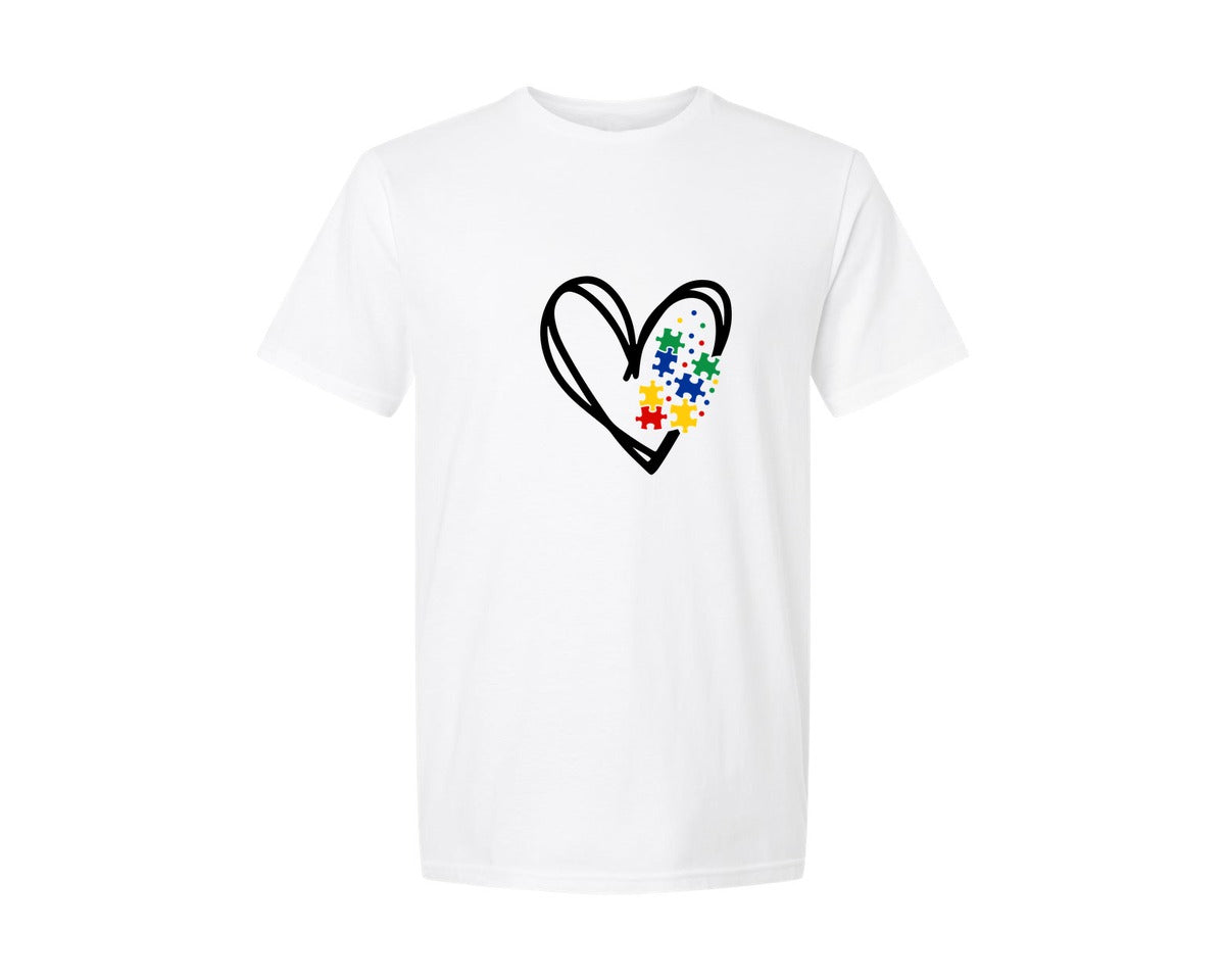 brand:Generic|color:White|Autism Heart Autism Puzzle Graphic T-Shirt