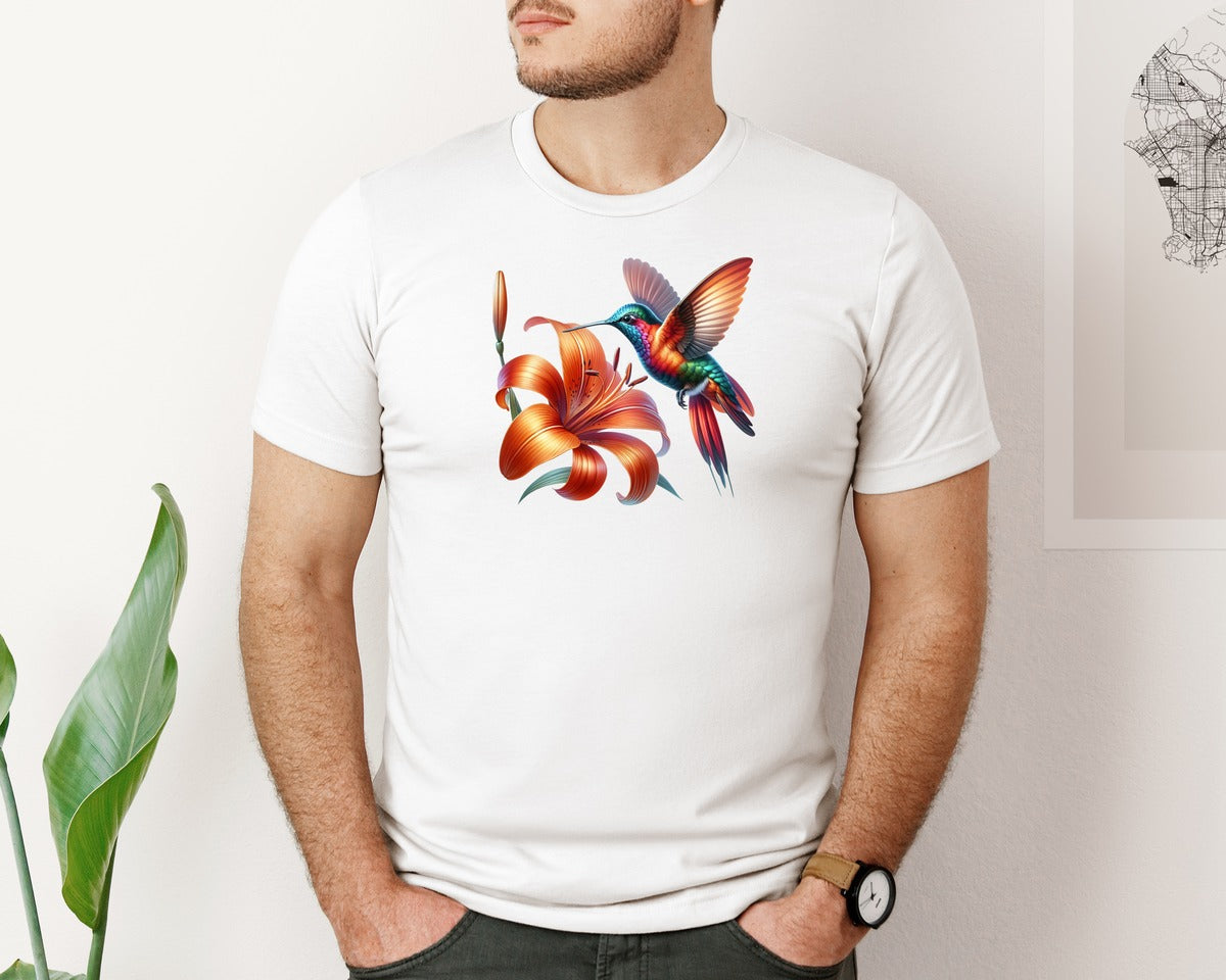brand:Bella Canvas|color:White|Colorful Flower Hummingbird Graphic T-Shirt