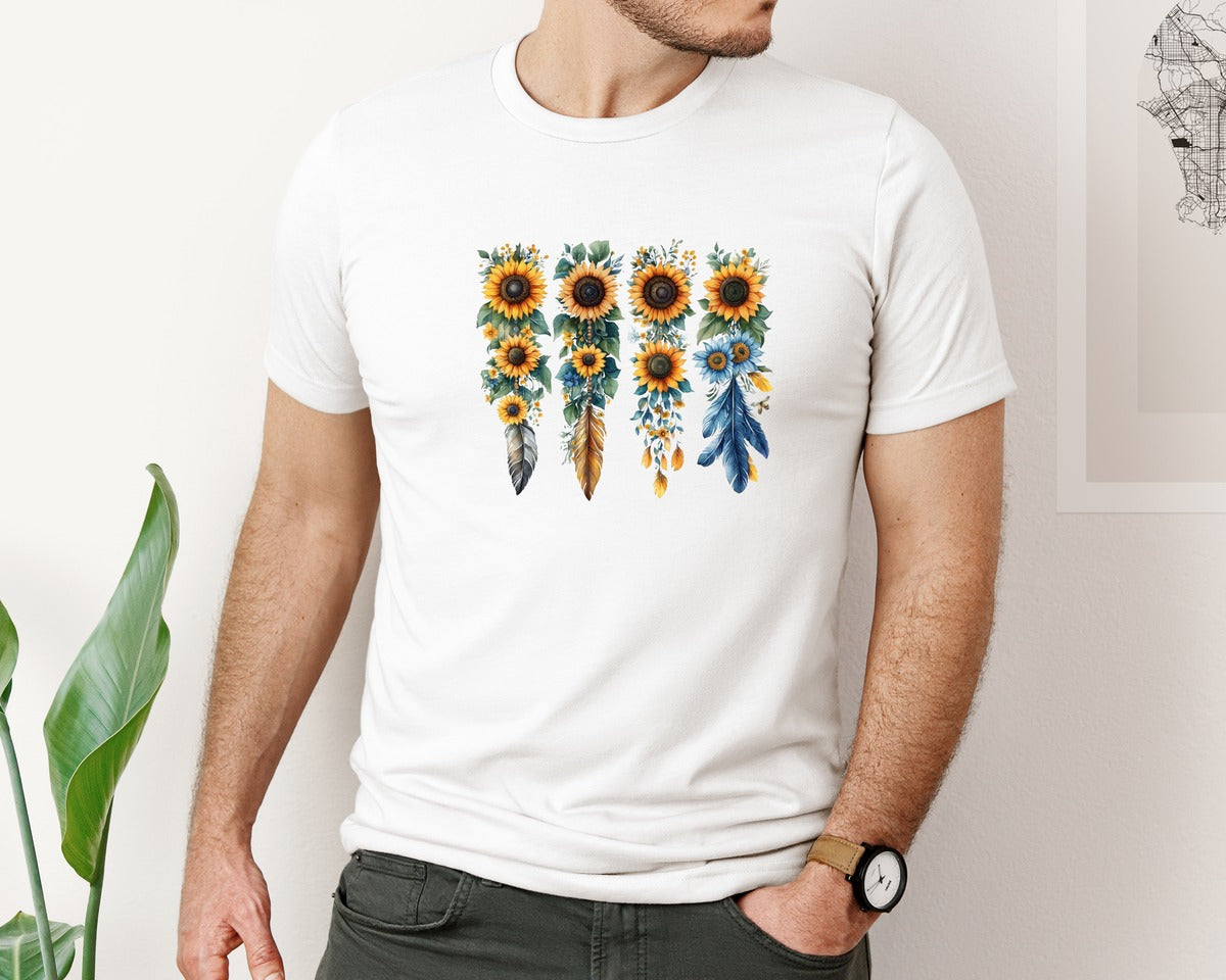 brand:Bella Canvas|color:White|Boho Wildflowers Feathers Flowers Graphic T-Shirt