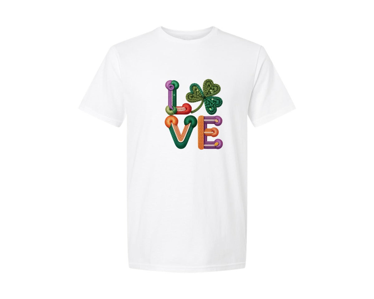 brand:Generic|color:White|Faux Yarn Shamrock Love St Patricks Graphic T-Shirt