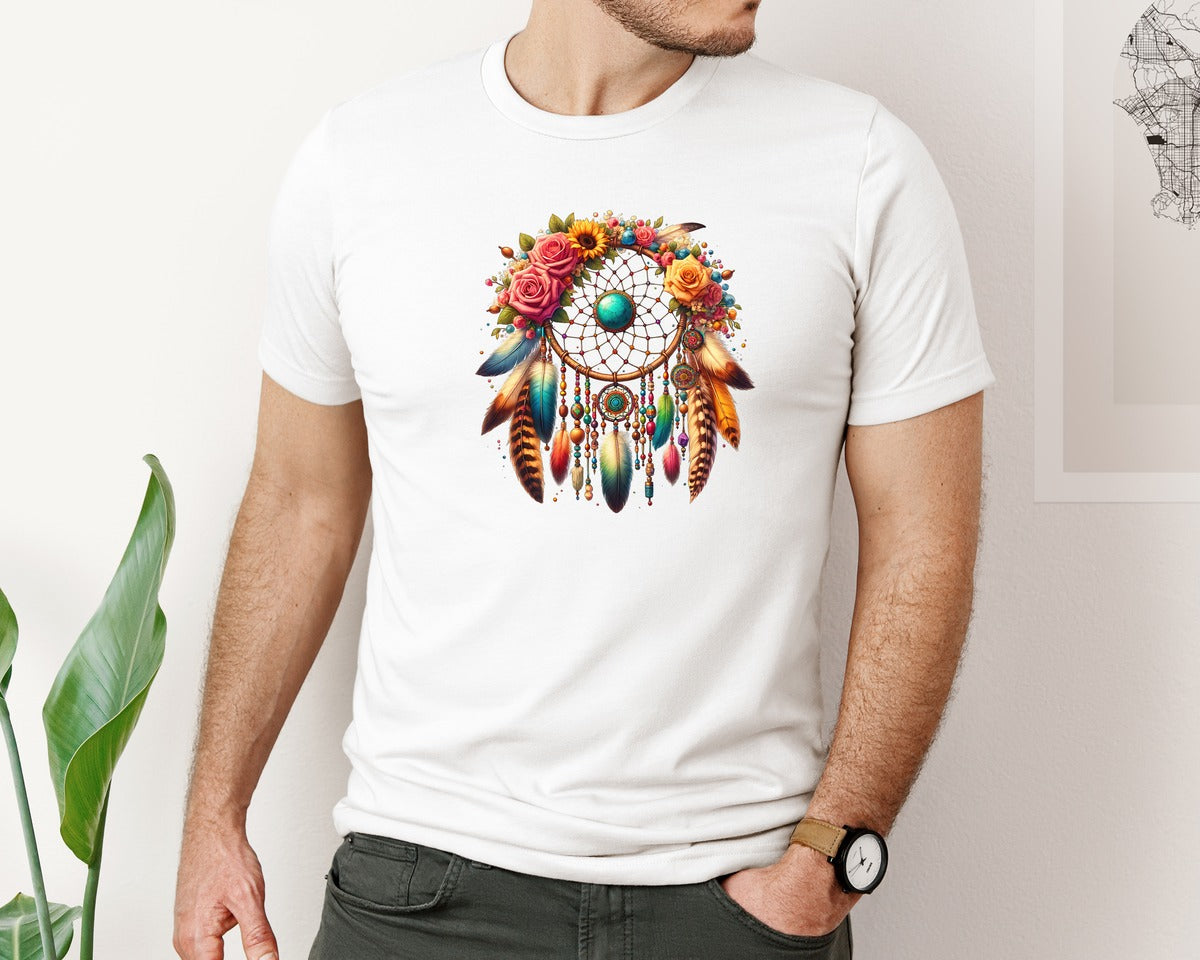 brand:Bella Canvas|color:White|Bohemian Dreamcatcher Turquoise Graphic T-Shirt