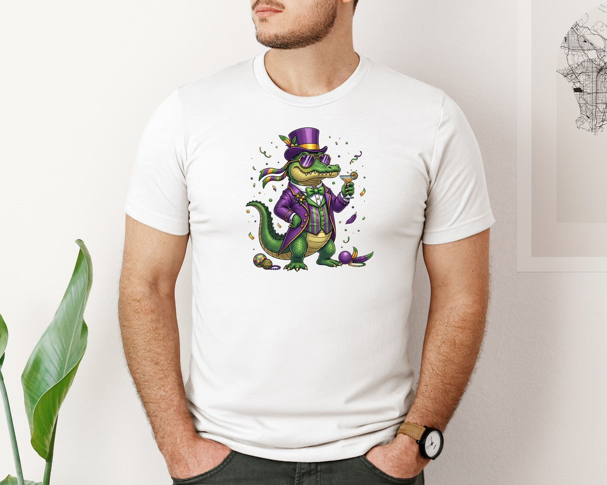 brand:Bella Canvas|color:White|Mardi Gras Alligator 3 Graphic T-Shirt