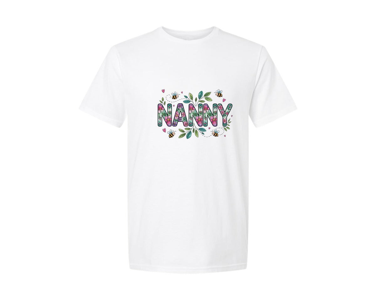 brand:Generic|color:White|Floral Nanny Grandmother Nana Bees Graphic T-Shirt