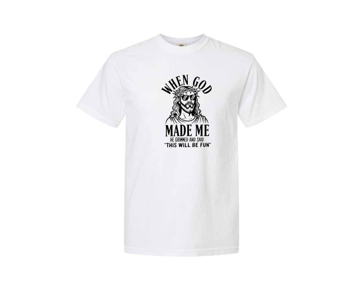 brand:Comfort Colors|color:White|God Humor Christian Faith Graphic T-Shirt