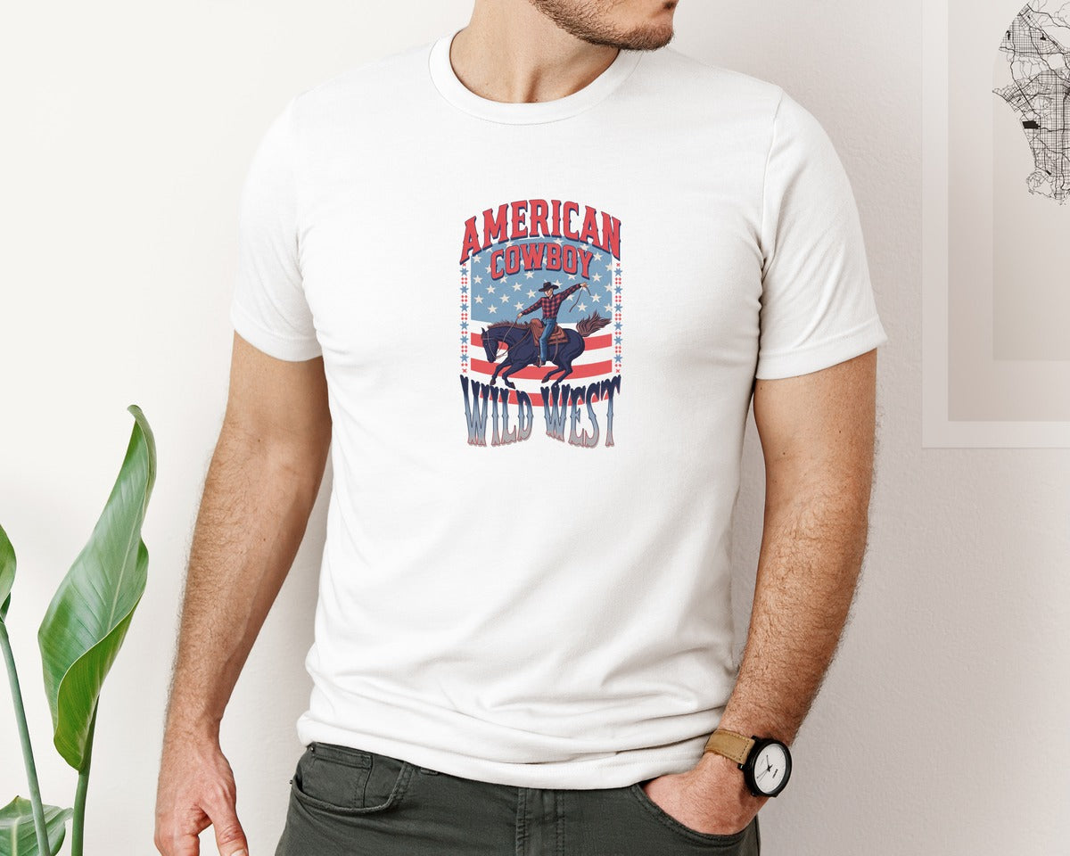 brand:Bella Canvas|color:White|American Cowboy Wild West Vintage Graphic T-Shirt