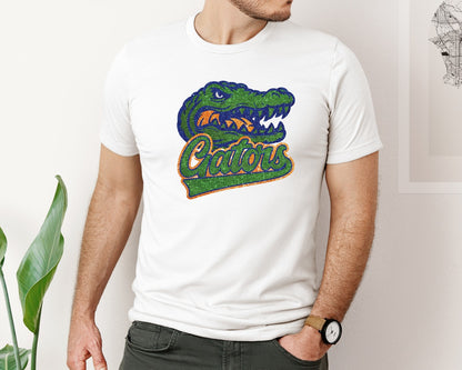 brand:Bella Canvas|color:White|Gators Mascot Glitter Football Dtf Graphic T-Shirt
