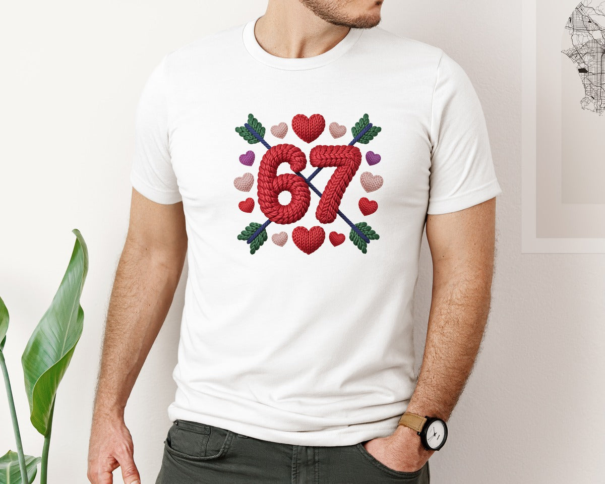 brand:Bella Canvas|color:White|Faux Yarn 67 Valentine Embroidery Graphic T-Shirt