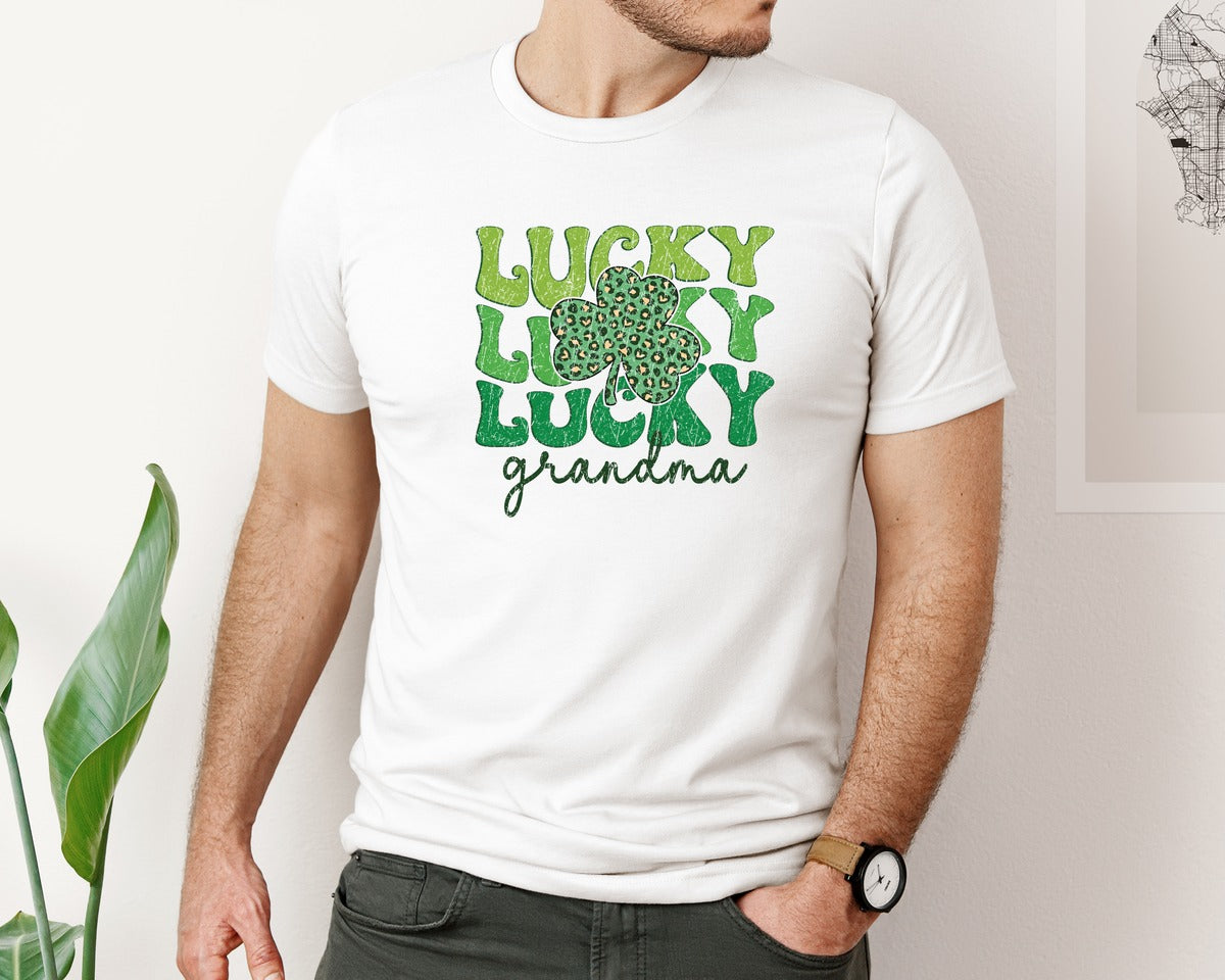 brand:Bella Canvas|color:White|St Patricks Day Lucky Grandma Graphic T-Shirt