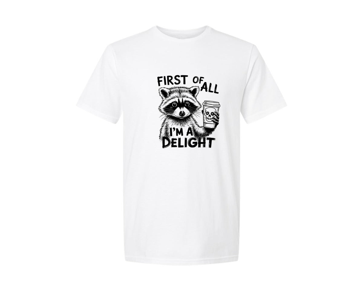brand:Generic|color:White|First Of All Im A Delight Raccoon 4 Graphic T-Shirt