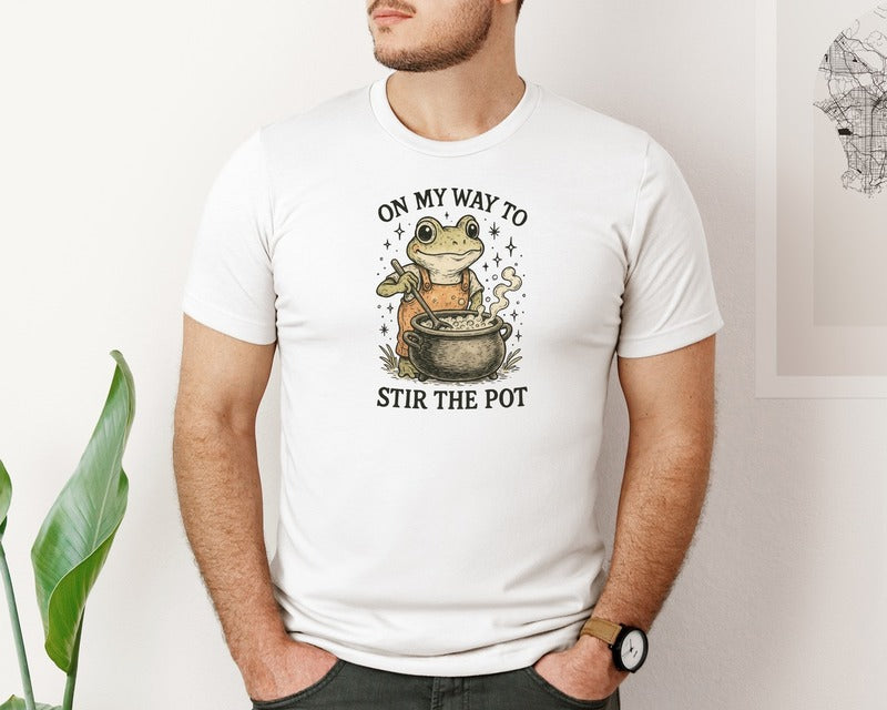 brand:Bella Canvas|color:White|On My Way To Stir The Pot Frog Sarcastic Graphic T-Shirt