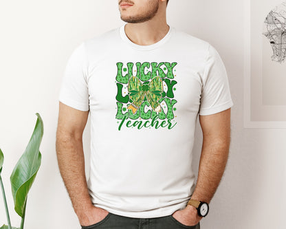 brand:Bella Canvas|color:White|Lucky Lucky Lucky Teacher Graphic T-Shirt