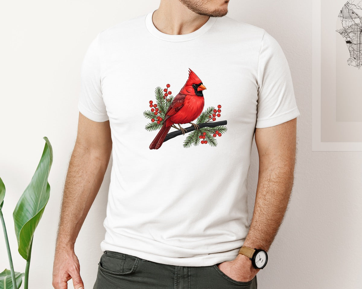 brand:Bella Canvas|color:White|Christmas Cardinal Bird Art Graphic T-Shirt