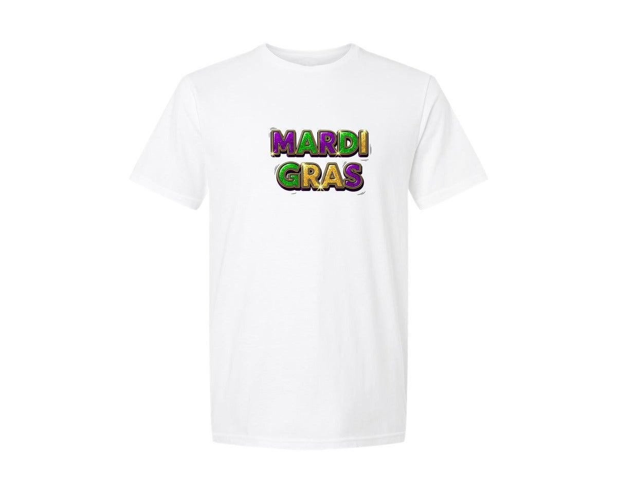 brand:Generic|color:White|Sparkle Mardi Gras Letters Graphic T-Shirt