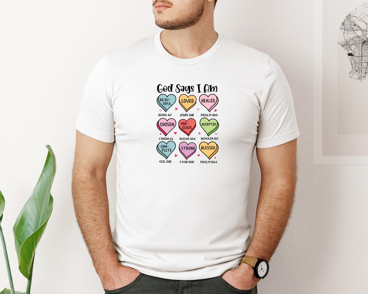 brand:Bella Canvas|color:White|God Says I Am Valentine Valentines Graphic T-Shirt