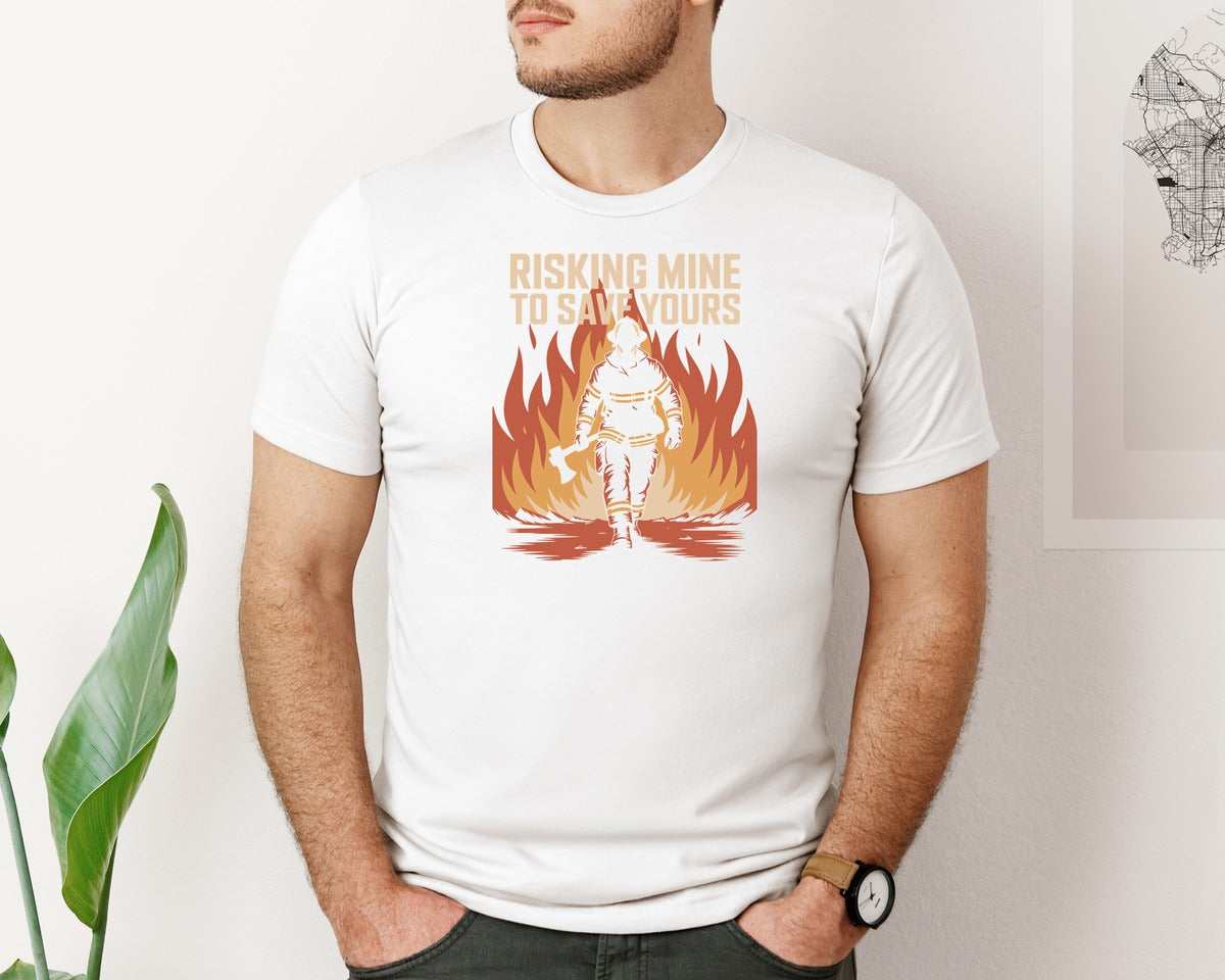 brand:Bella Canvas|color:White|Risking Mine To Save Yours Fireman Shirt Graphic T-Shirt