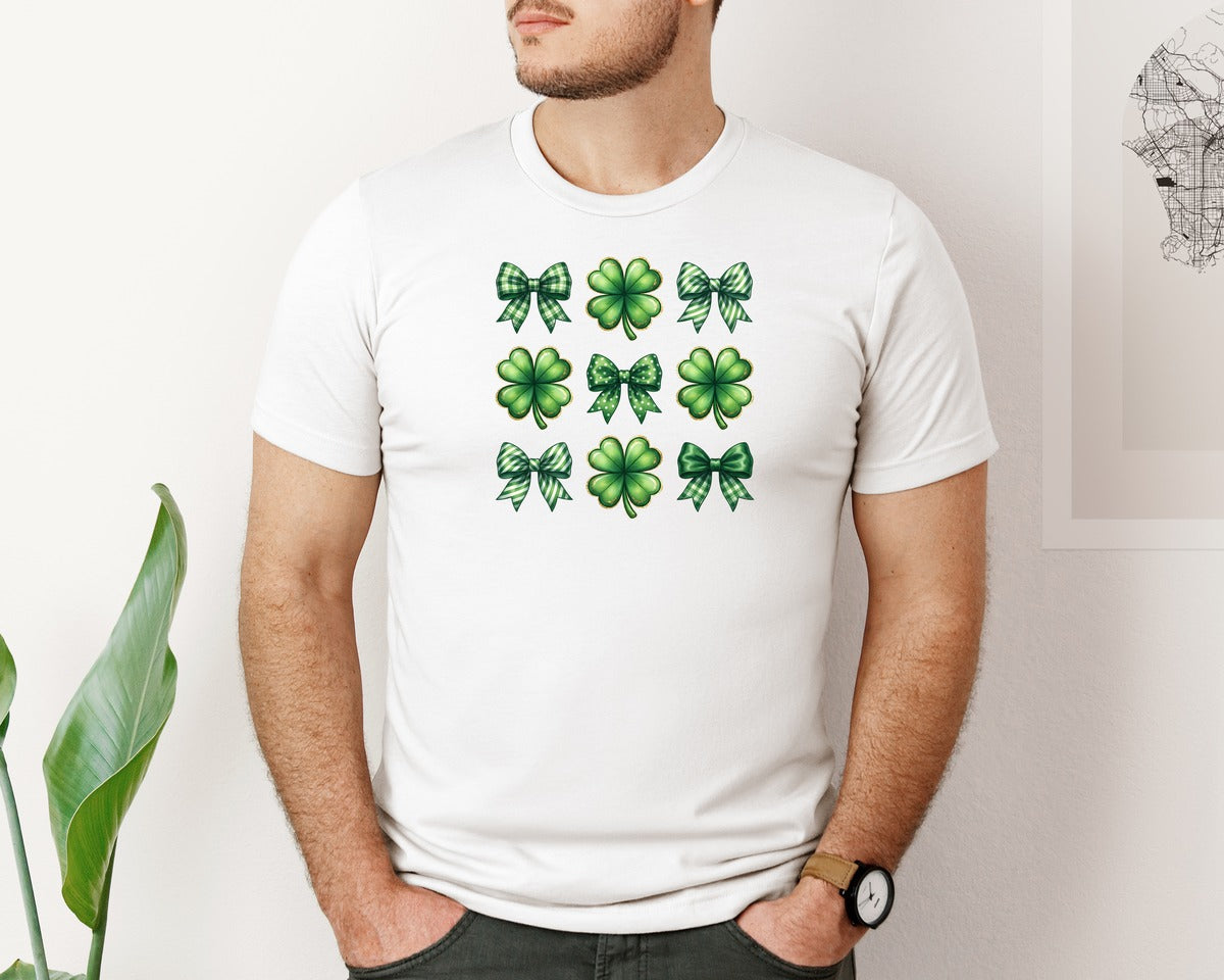 brand:Bella Canvas|color:White|St Patrick Shamrock And Green Bow Graphic T-Shirt
