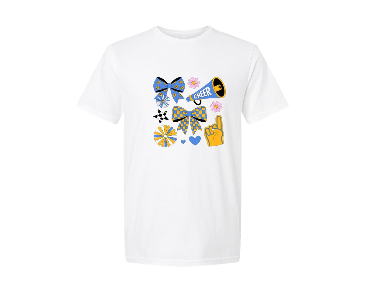 brand:Generic|color:White|Cheer Coquette Blue Gold Cheer Mom 3 Graphic T-Shirt