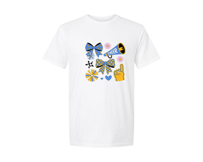 brand:Generic|color:White|Cheer Coquette Blue Gold Cheer Mom 3 Graphic T-Shirt