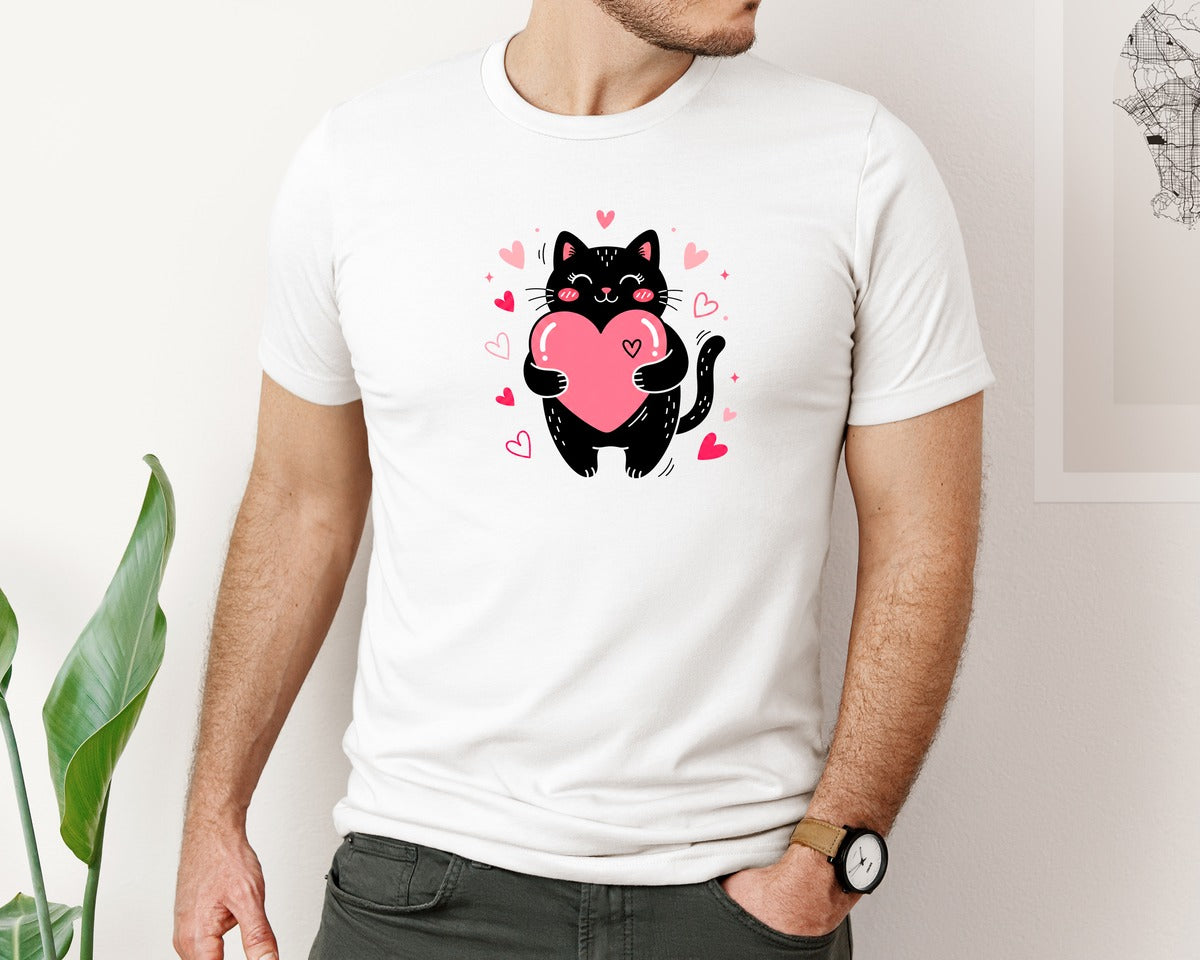 brand:Bella Canvas|color:White|Valentine Black Cat Holding A Pink Graphic T-Shirt