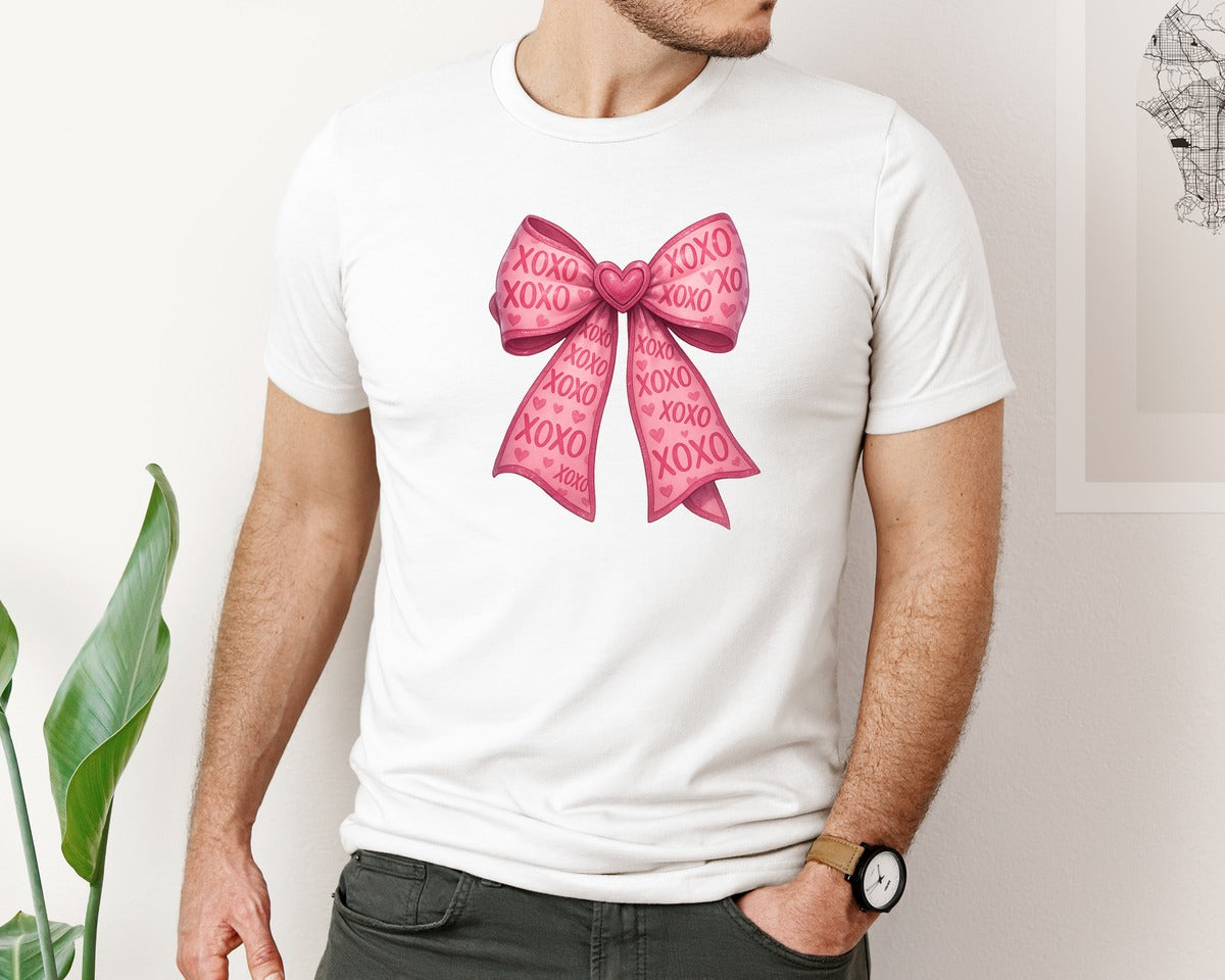 brand:Bella Canvas|color:White|Xoxo Coquette Bow Pink Bow Graphic T-Shirt
