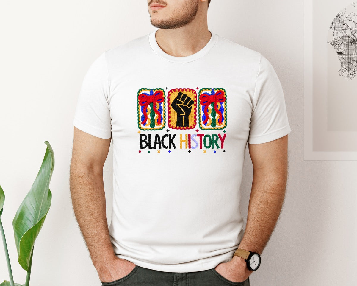 brand:Bella Canvas|color:White|Latch Hook Yarn Black History Faux Graphic T-Shirt