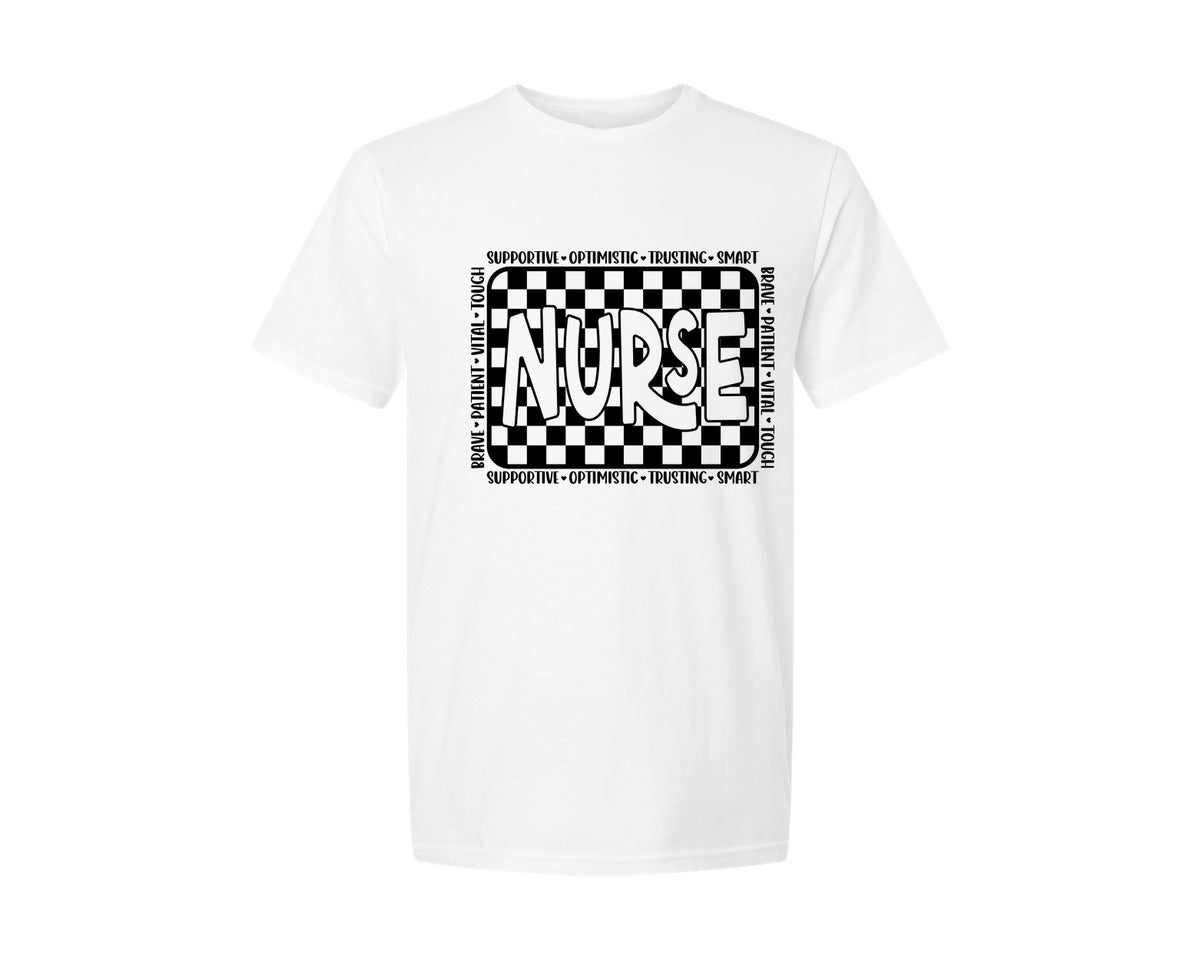 brand:Generic|color:White|Checkered Nurse Word Art Graphic T-Shirt