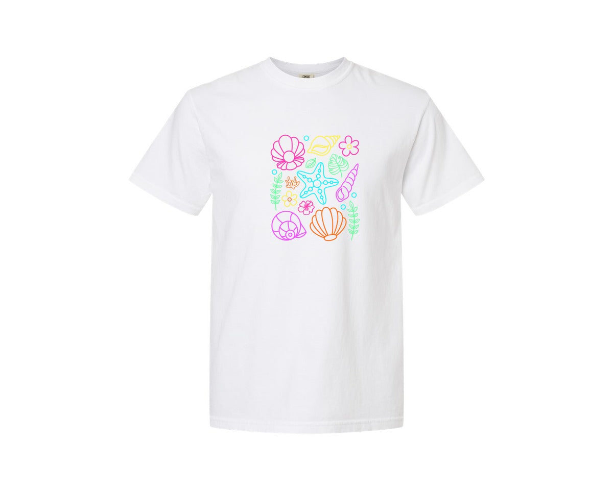 brand:Comfort Colors|color:White|Neon Seashell Summer Beach Graphic T-Shirt
