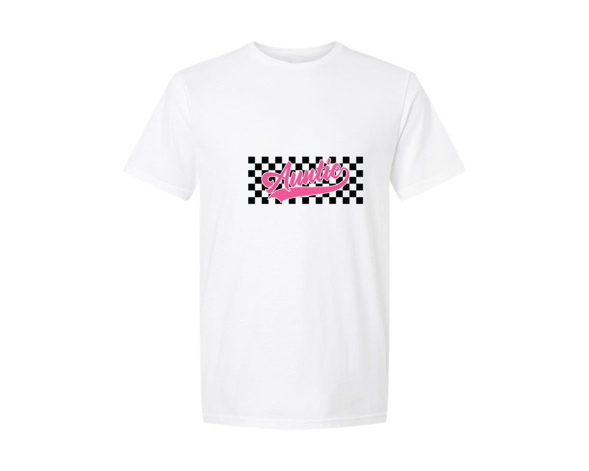 brand:Generic|color:White|Aunt Retro Auntie Checkered Auntie Graphic T-Shirt