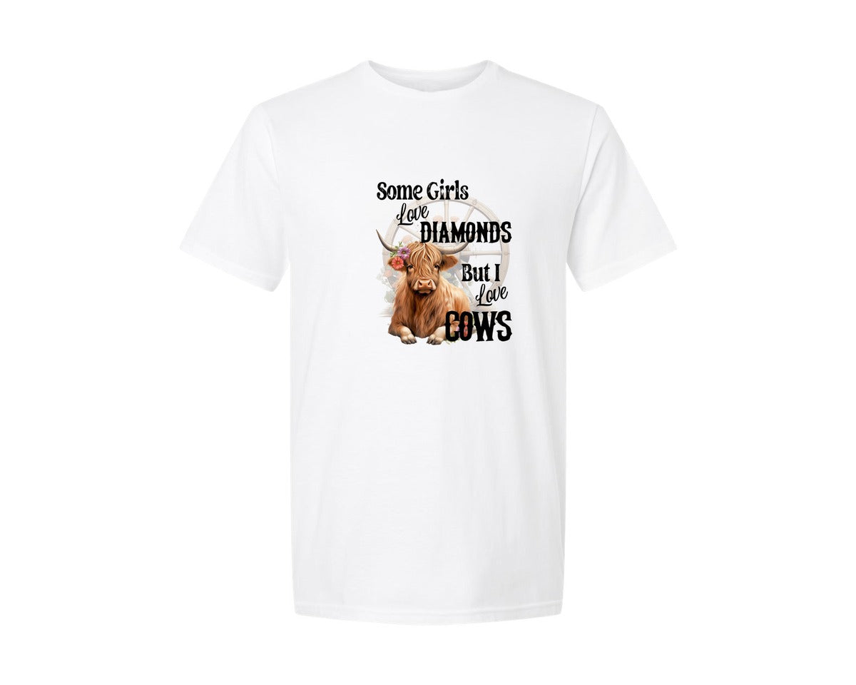 brand:Generic|color:White|Some Girls Love Diamonds I Love Cows Graphic T-Shirt