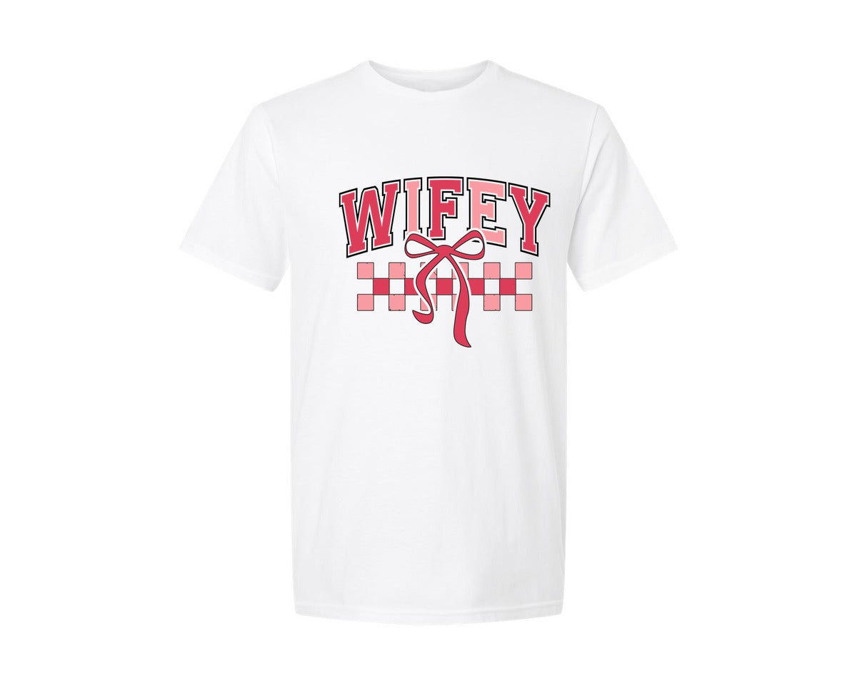 brand:Generic|color:White|Wifey Retro Bow Checker Valentine Graphic T-Shirt