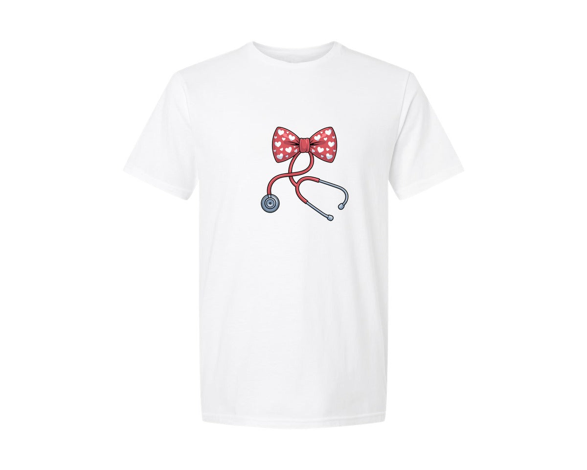 brand:Generic|color:White|Nurse Valentine Stethoscope Cute Bow Graphic T-Shirt