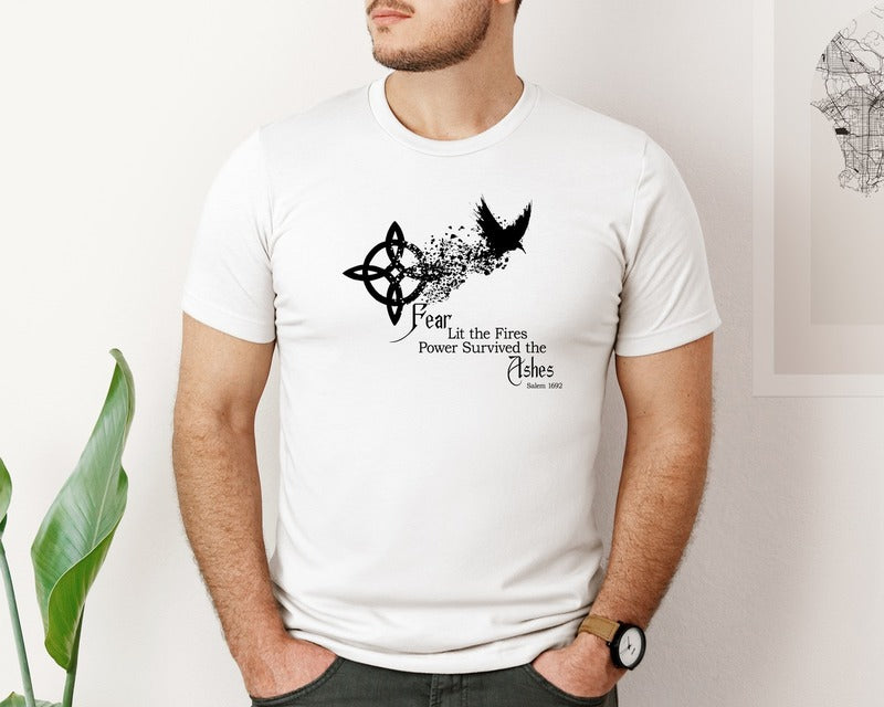 brand:Bella Canvas|color:White|Salem 1692 Fear Lit The Fires Ashes Graphic T-Shirt