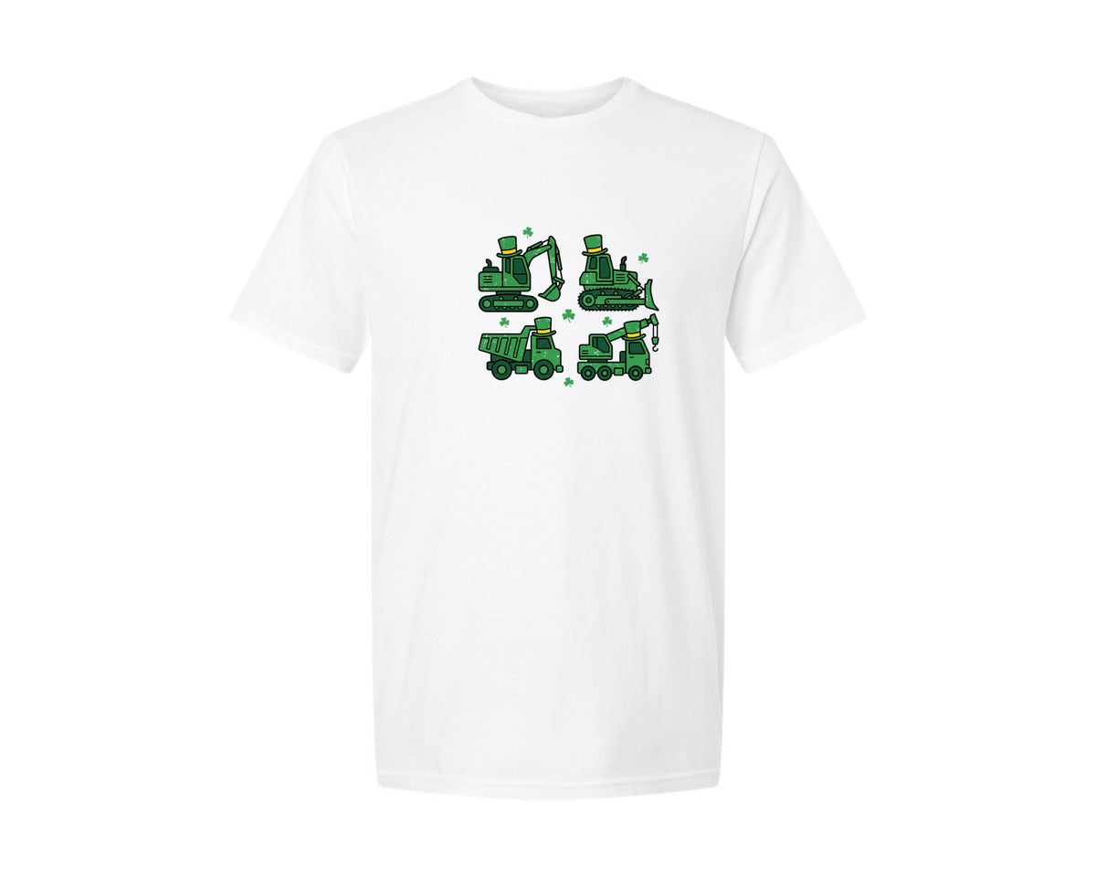 brand:Generic|color:White|St Patricks Day Construction Vehicles 2 Graphic T-Shirt