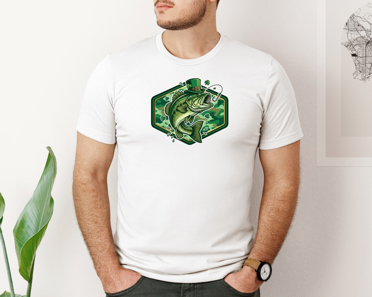 brand:Bella Canvas|color:White|St Patricks Day Fishing Camouflage Graphic T-Shirt