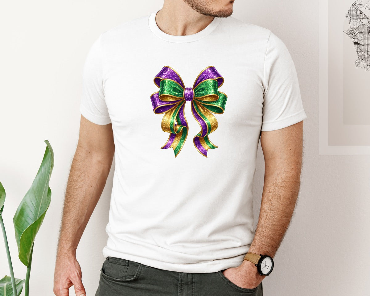 brand:Bella Canvas|color:White|Mardi Gras Glitter Coquette Bow Graphic T-Shirt