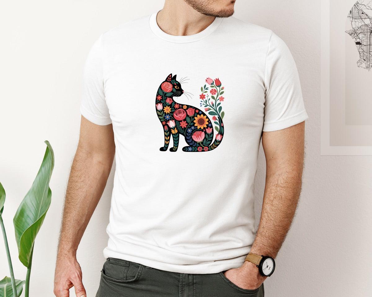 brand:Bella Canvas|color:White|Black Folk Floral Cat Graphic T-Shirt