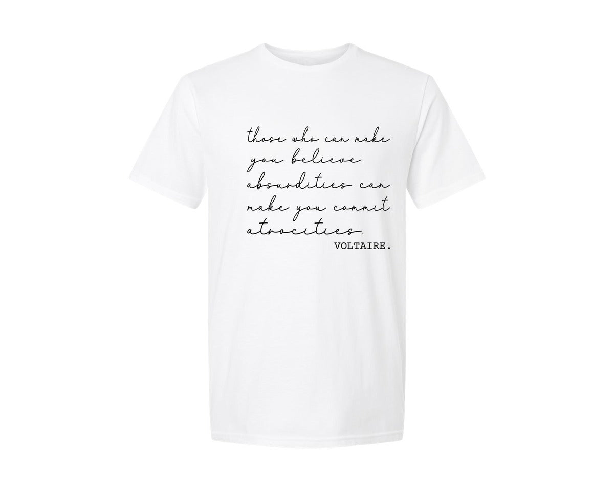 brand:Generic|color:White|Voltaire French Philosopher Famous Quote Graphic T-Shirt