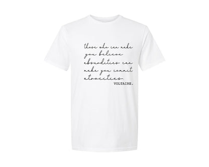 brand:Generic|color:White|Voltaire French Philosopher Famous Quote Graphic T-Shirt