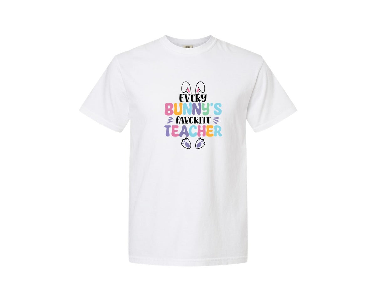 brand:Comfort Colors|color:White|Every Bunnys Favorite Teacher Easter 9 Graphic T-Shirt