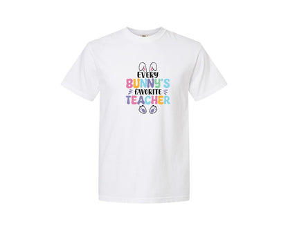 brand:Comfort Colors|color:White|Every Bunnys Favorite Teacher Easter 9 Graphic T-Shirt