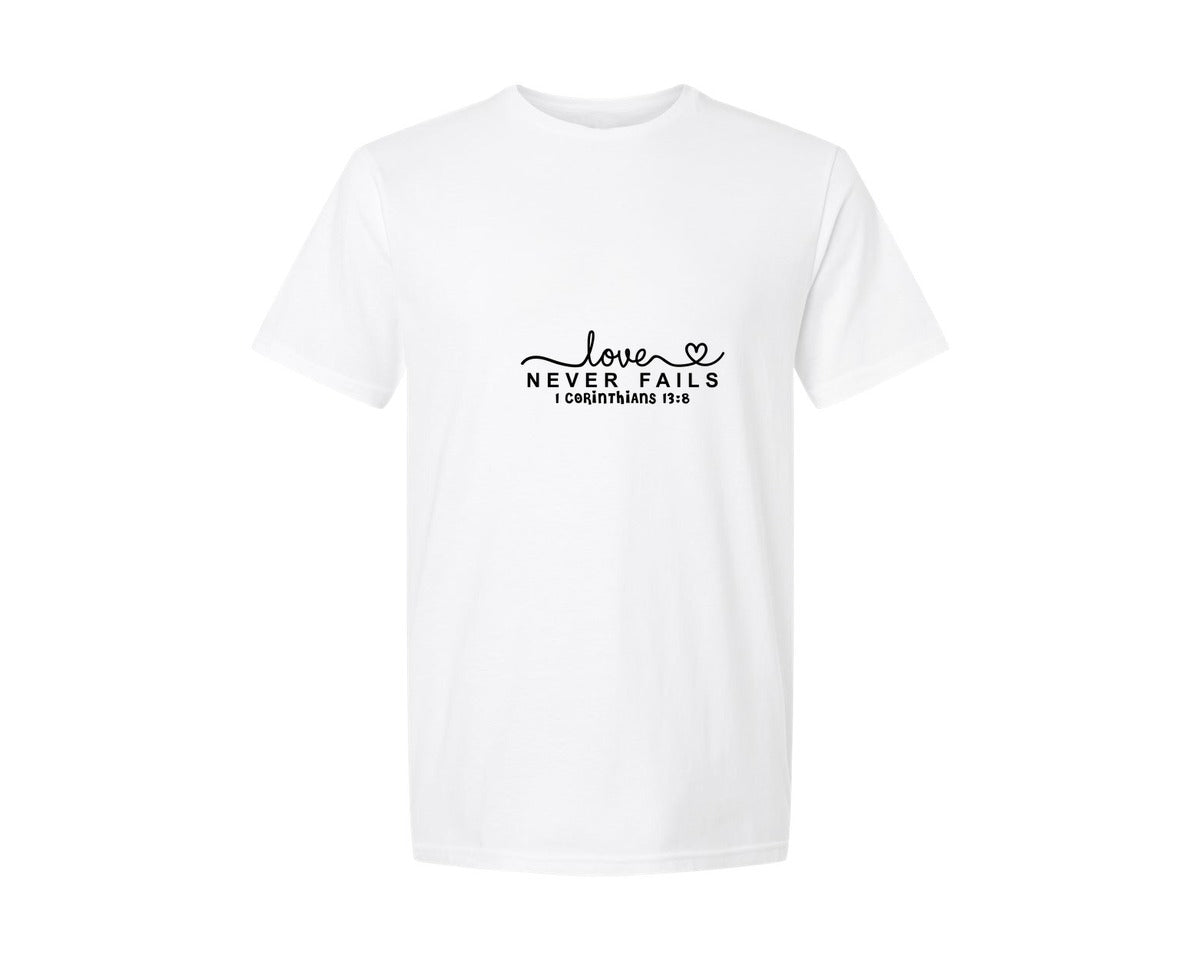 brand:Generic|color:White|Love Never Fails Svgvalentine Faith Graphic T-Shirt