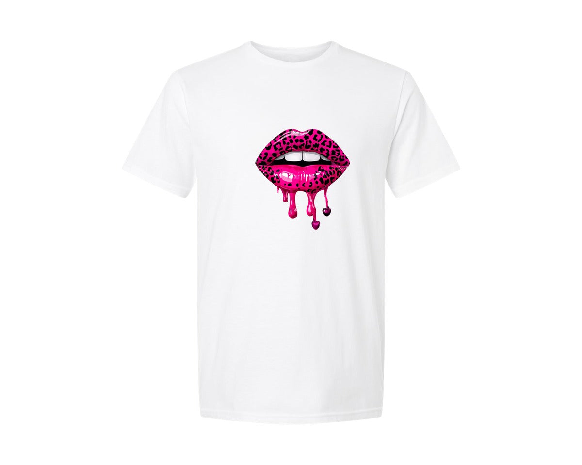 brand:Generic|color:White|Pink Lips With A Leopard Print Valentine Graphic T-Shirt