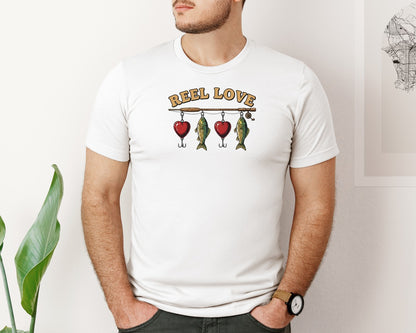 brand:Bella Canvas|color:White|Reel Love Fishing Valentine Graphic T-Shirt