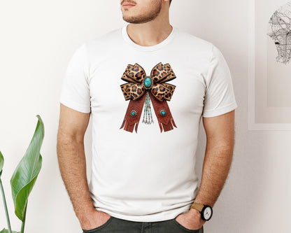 brand:Bella Canvas|color:White|Western Leopard Bow Coquette Cowgirl 2 Graphic T-Shirt