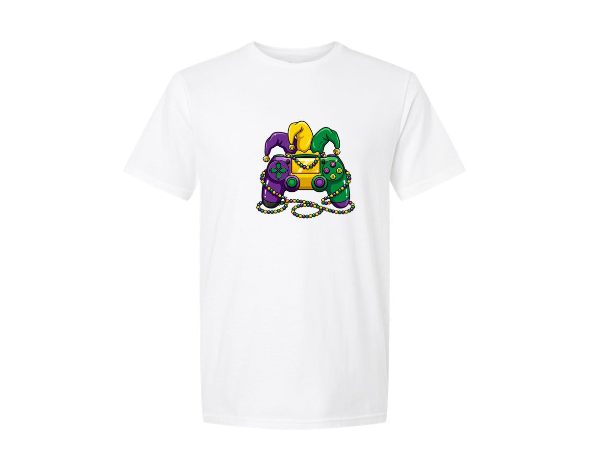brand:Generic|color:White|Mardi Gras Gamer Jester Controller Graphic T-Shirt