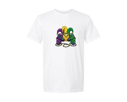 brand:Generic|color:White|Mardi Gras Gamer Jester Controller Graphic T-Shirt