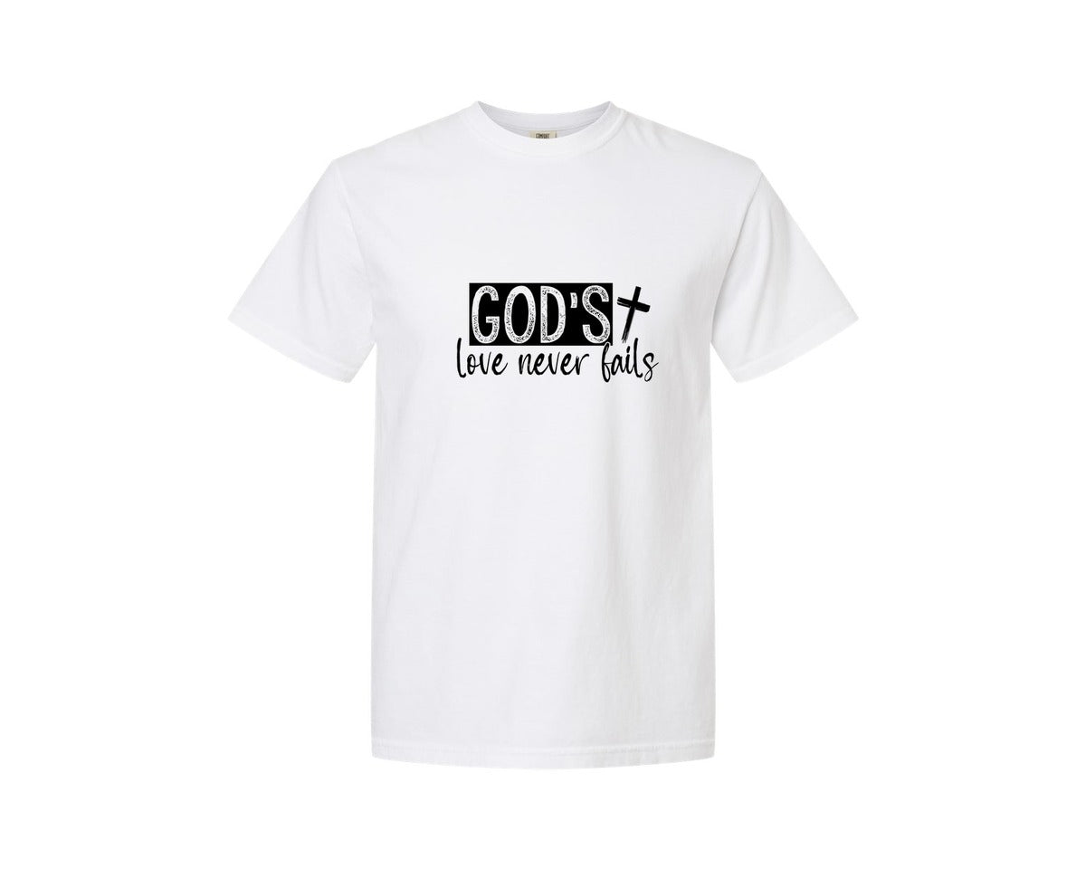 brand:Comfort Colors|color:White|Gods Love Never Fails Sleeve Design 2 Graphic T-Shirt